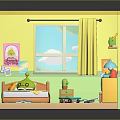 Kids Bedroom Interior With Yellow Walls Window Curtains Bed Scooter Toys And Bookshelf