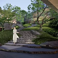 Tranquil Garden Landscape Featuring Rockery Waterfall Koi Pond Red Maple Green Trees and Modern Backdrop