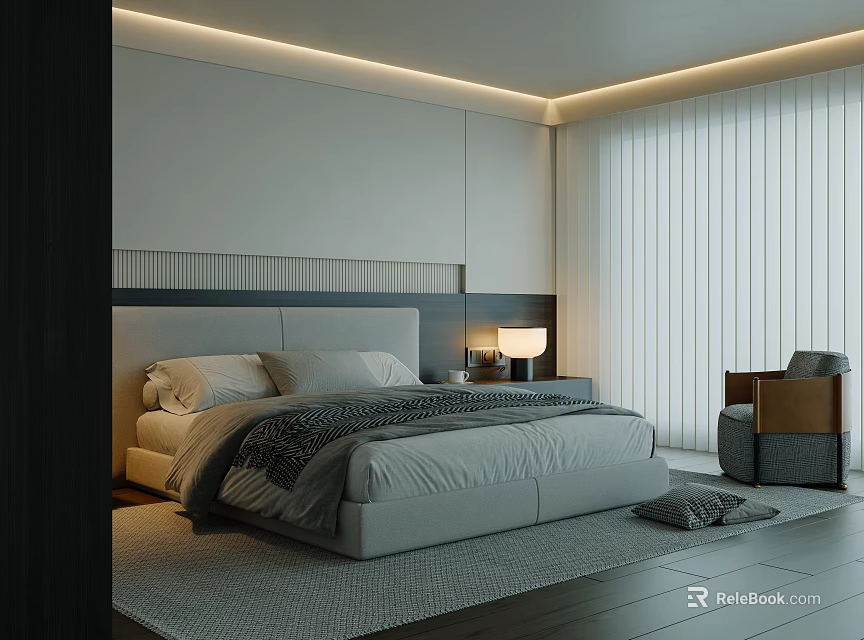 Modern Bedroom Interior With Simple Headboard Nightstand Lamp Chair Blinds Rug And Wooden Floor 3d model 
