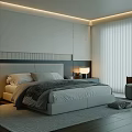 Modern Bedroom Interior With Simple Headboard Nightstand Lamp Chair Blinds Rug And Wooden Floor