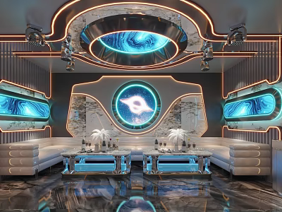 KTV Interior With Futuristic Neon Lights Circular Center Design White Leather Sofas 3d model