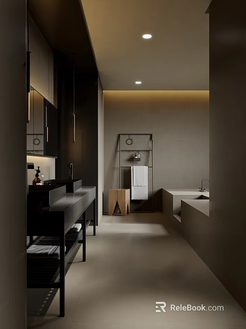 Minimalist Modern Bathroom Interior With Dark Vanity Mirror Shelving Bathtub And Lighting 3d model 