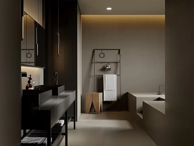 Minimalist Modern Bathroom Interior With Dark Vanity Mirror Shelving Bathtub And Lighting 3d model