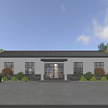Single Story Office Building With White Exterior Tile Roof Glass Door And Tree Surroundings
