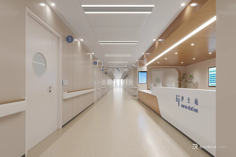 Modern Hospital Outpatient Clinic Interior With Corridor And Nurse Station 3d model 