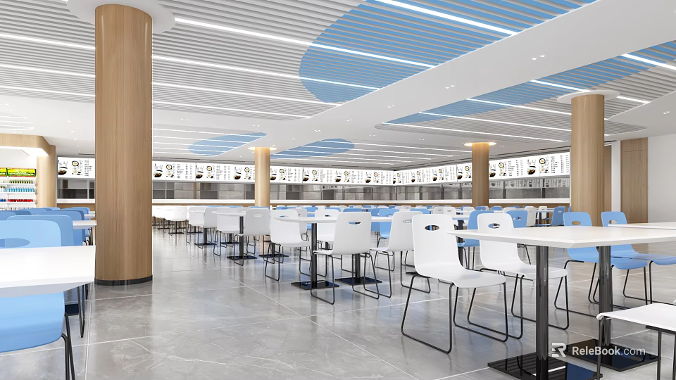 Spacious Cafeteria Interior With White Tables Wooden Pillars And Blue Ceiling Design 3d model