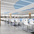 Spacious Cafeteria Interior With White Tables Wooden Pillars And Blue Ceiling Design 3d model
