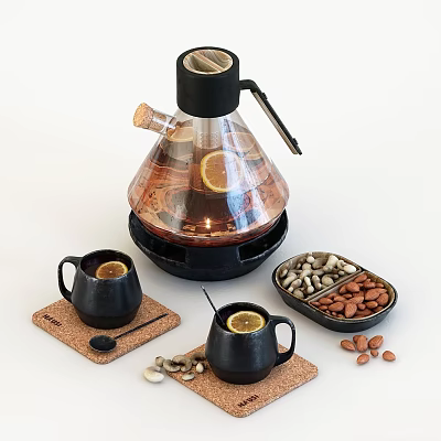 Glass Coffee Pot With Lemon Slices And Ceramic Cups Served With Almonds And Seeds 3d model