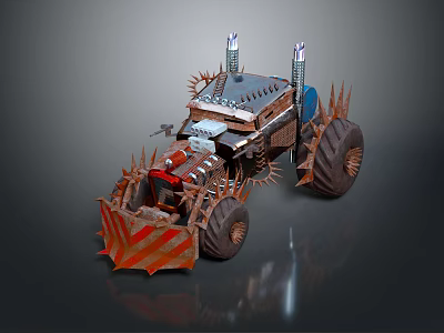 Custom Built Spiked Metal Vehicle With Large Off Road Tires Exhaust Pipes And Orange Stripes 3d model
