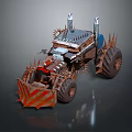 Custom Built Spiked Metal Vehicle With Large Off Road Tires Exhaust Pipes And Orange Stripes