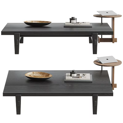 Modern Black Coffee Table With Bowl Tray And Laptop On Sleek Surface 3d model