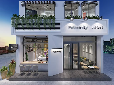 Modern Public Office Space With Green Plants Tables Chairs And Glass Facade 3d model