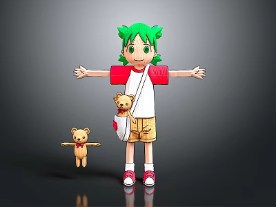 Green Haired Girl Character With Red White Sleeves And Teddy Bear Plush Companion 3d model
