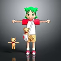 Green Haired Girl Character With Red White Sleeves And Teddy Bear Plush Companion