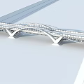 Modern Curved Bridge Design Spanning River With Grass Banks And Water Reflection