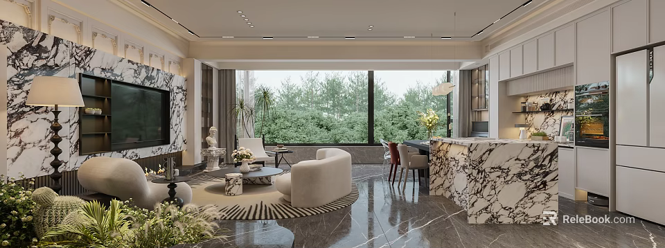 Elegant Living and Dining Space with Large Windows Green Trees View Cream Sofa Marble Countertop 3d model 