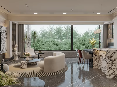 Elegant Living and Dining Space with Large Windows Green Trees View Cream Sofa Marble Countertop 3d model