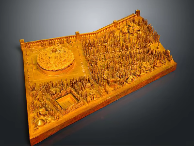 Golden Ancient Scene Model With City Walls Soldier Formations And Central Structure 3d model