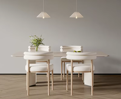 Modern Dining Room With Rectangular Table White Chairs Green Plant And Pendant Lights 3d model