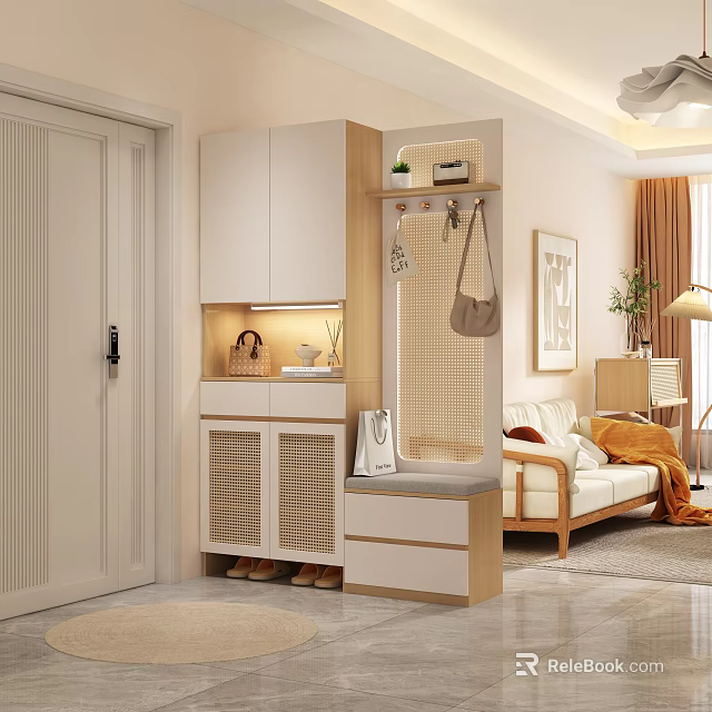 Modern Entryway Interior Design With Entryway Cabinet Side Cabinet And Hanging Storage Hooks 3d model 