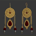 Golden Floral Design Earrings With Red Gemstone Teardrop Shape Gold Chains And Red Blue Beads