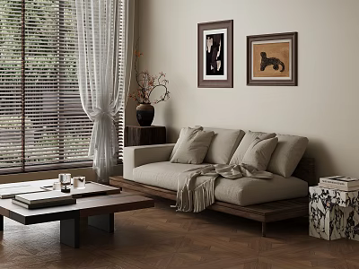 Cozy Living Room Interior With Window Blinds Beige Sofa Coffee Table Wall Art Wooden Floor 3d model