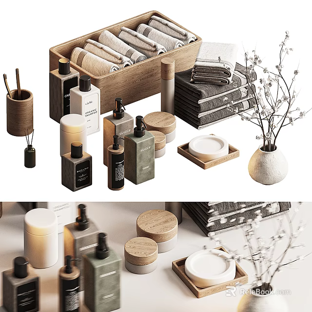 Minimalist Washing Daily Necessities With Bottles Towels Soap Dishes And Wooden Storage 3d model 