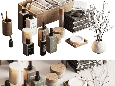 Minimalist Washing Daily Necessities With Bottles Towels Soap Dishes And Wooden Storage 3d model