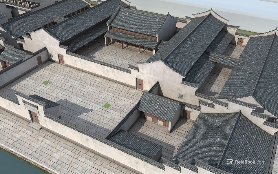 Ancient Chinese Architecture Complex With Courtyards Grey Tile Roofs White Walls And Stone Pavements 3d model 