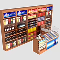Retail Display Shelves With Multiple Layers Various Products Wooden Structure Blue Panels And Glass Counter