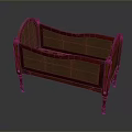 Children's Vintage Red Wooden Baby Crib With Wicker Panels And Rolling Wheels
