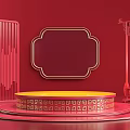Red Display Shelves Featuring Golden Borders Circular Platform Traditional Patterns And Lantern Decor 3d model