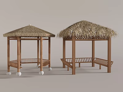 Outdoor Wooden Gazebos With Thatched Roofs And Seating Benches Design 3d model