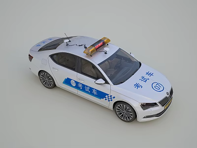 White Driving Test Functional Vehicle With Roof Warning Light And Blue Markings 3d model