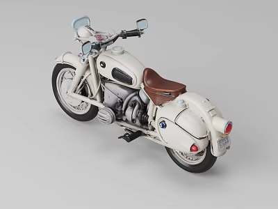 Vintage White Motorcycle With Brown Seat Headlight Exhaust Pipe And Wheels On Gray Background 3d model