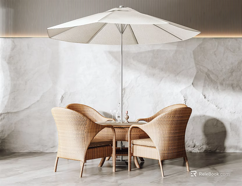 Outdoor Table with Wicker Chairs and White Umbrella in Modern Leisure Area 3d model 