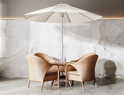 Outdoor Table with Wicker Chairs and White Umbrella in Modern Leisure Area 3d model