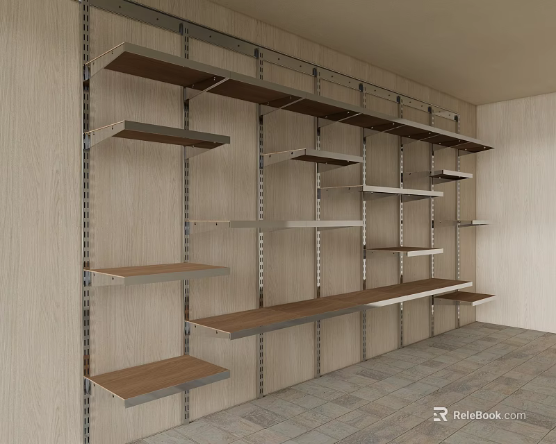 Modern Wall Mounted Bookcase Design With Open Wooden Shelves And Metal Brackets 3d model 