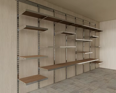 Modern Wall Mounted Bookcase Design With Open Wooden Shelves And Metal Brackets 3d model