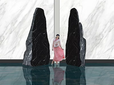 Elegant Interior Design With Black Marble Stones Wooden Elements And Reflective Floor 3d model