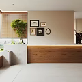 Modern Living And Dining Room Interior With Circular Pendant Light Wooden Island And Green Plant