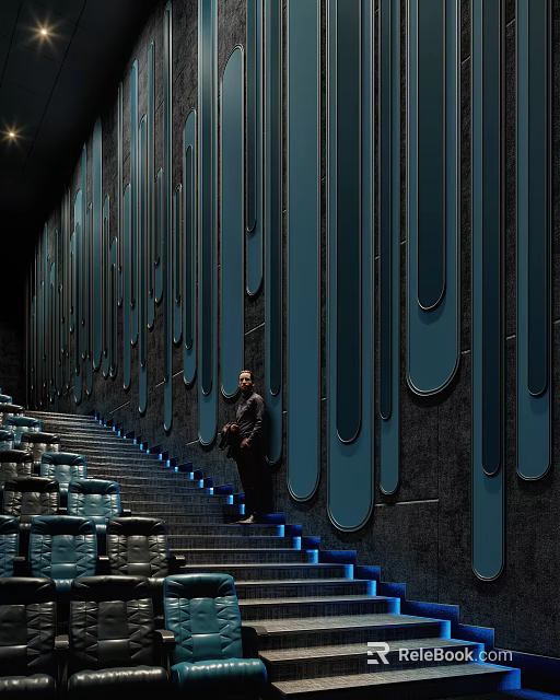 Cinema Interior With Dark Walls Blue Vertical Stripes Staircase Seats Blue Lighting And Standing Person 3d model 