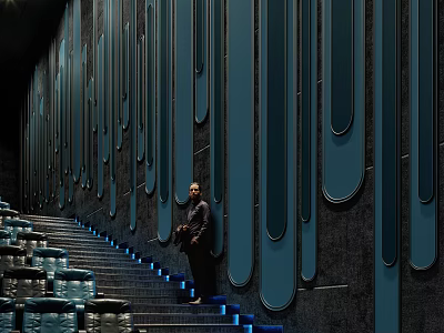 Cinema Interior With Dark Walls Blue Vertical Stripes Staircase Seats Blue Lighting And Standing Person 3d model