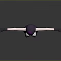 Woman with purple black hair wearing white top dark shorts red bow tie arms outstretched