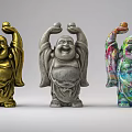 Colorful Golden and Gray Laughing Buddha Sculptures with Raised Hands