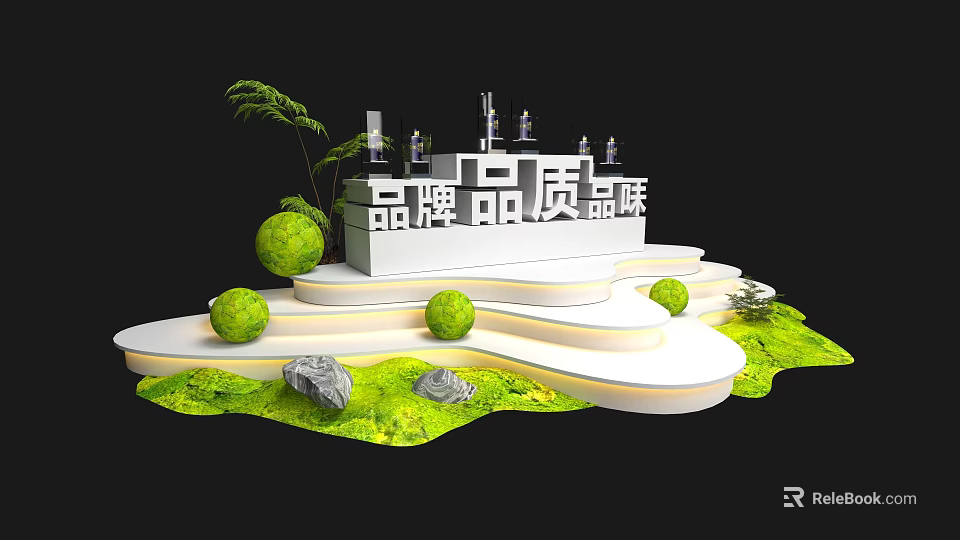 Brand Quality Taste Display Platform With Green Plants Spheres And Stones 3d model 
