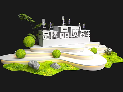 Brand Quality Taste Display Platform With Green Plants Spheres And Stones 3d model