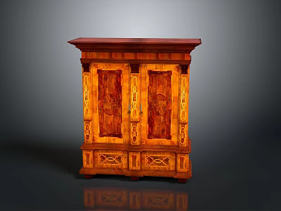 Classical Wooden Cabinet With Double Doors Ornate Carved Details And Red Top 3d model