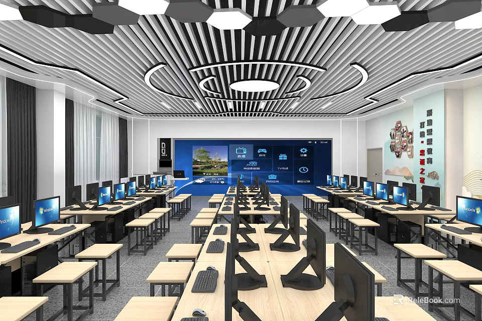 School Modern Computer Classroom With Rows Of Desks Computers And Projection Screen 3d model 
