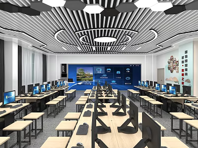 School Modern Computer Classroom With Rows Of Desks Computers And Projection Screen 3d model